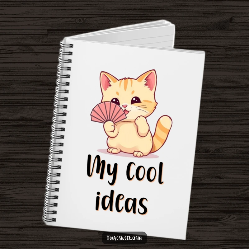 Funny cat wearing a tiny fan, playfully waving it with its paw, lined notebook, cool cover, perfect funny gift.