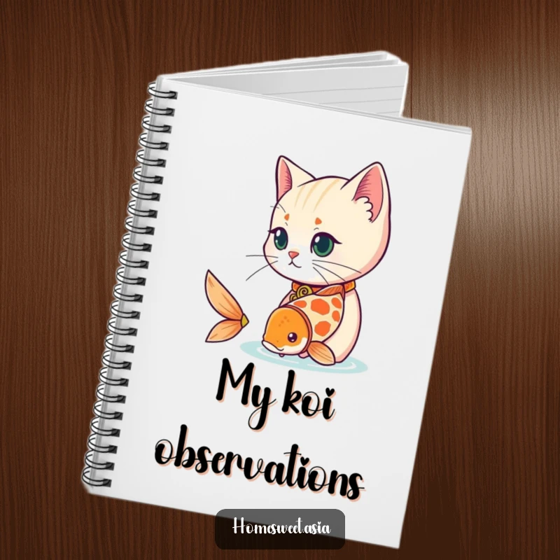 Funny cat wearing a decorative collar, observing a playful koi fish, lined notebook, serene cover, perfect funny gift.