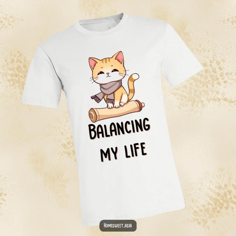 Funny cat wearing a silk scarf, balancing on a curled scroll, stylish, dapper, artistic, perfect funny gift.