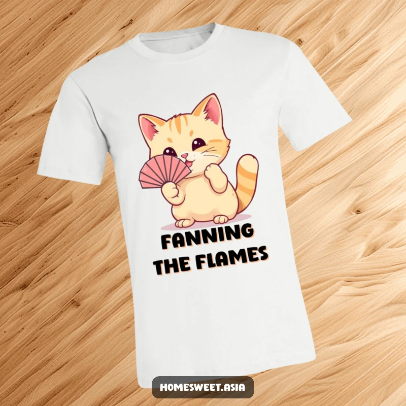 Funny cat wearing a tiny fan, playfully waving it with its paw, cooling, refreshing, cute design, perfect funny gift.