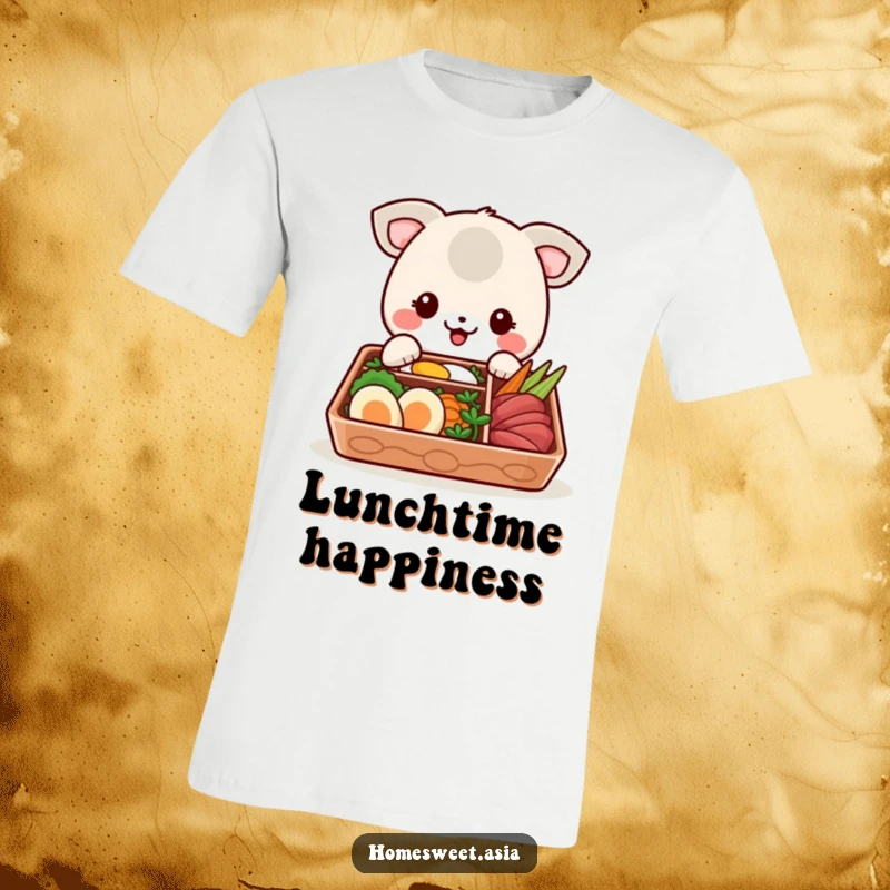 Funny t-shirt showcasing a happy animal character about to eat from a colorful bento box, conveying a joyful and food-loving spirit.