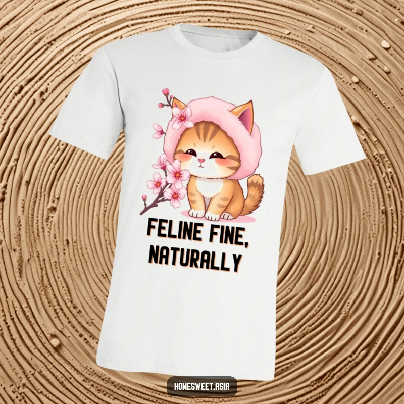 Funny t-shirt showcasing a fluffy cat in a soft fur hat, gently sniffing a beautiful blooming cherry blossom tree.