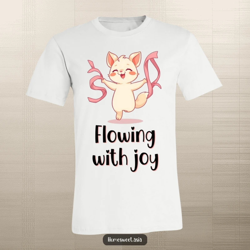 Funny t-shirt with an animal character joyfully dancing, surrounded by beautifully flowing silk ribbons, symbolizing freedom and expression.