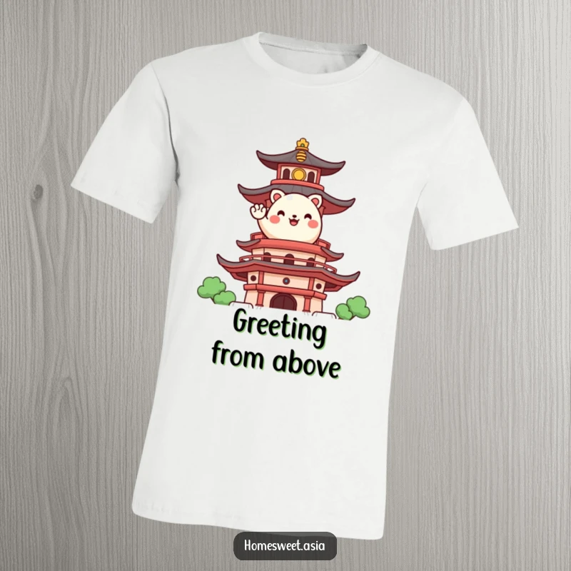 Funny T-shirt showcasing a happy, round animal character waving from a stylized pagoda, embodying cheerful greetings and cultural charm.