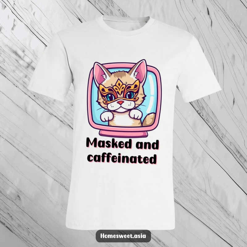Funny cat wearing an ornate mask, peeking from behind a vibrant screen, stealthy, cool, graphic tee, perfect funny gift.