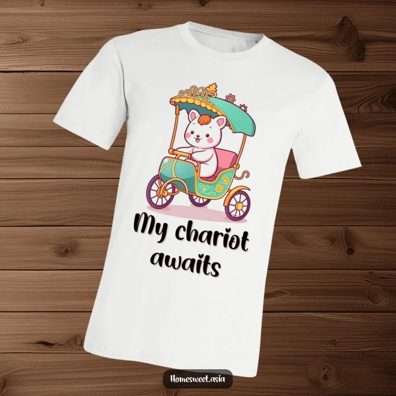 Funny t-shirt with a happy animal character enjoying a ride in an ornate rickshaw, capturing a sense of joyful travel.