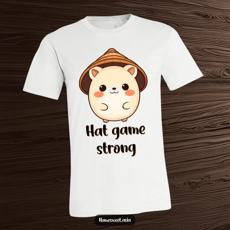 Funny T-shirt featuring a charming, round animal character wearing a traditional conical hat, radiating a blend of culture and cuteness.