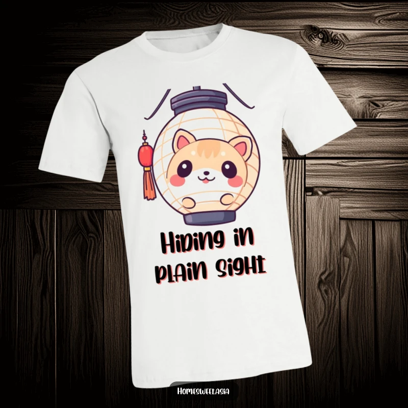 Funny round animal character peeking mischievously from behind a vibrant paper lantern, printed on a comfortable t-shirt. Playful and intriguing design.