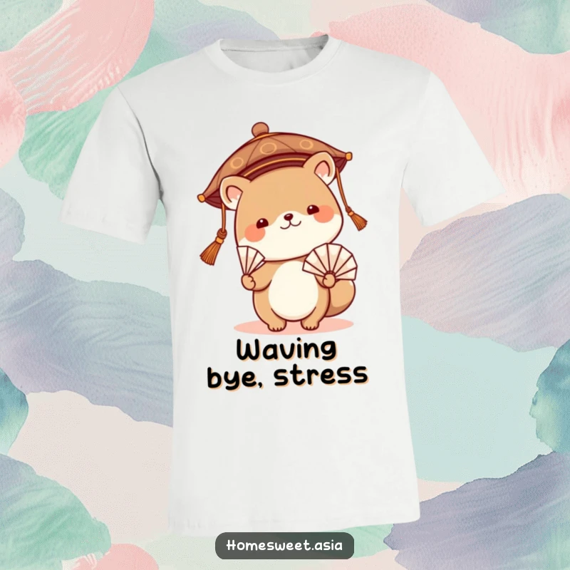 Funny t-shirt with a cute animal character in a traditional Asian hat, energetically waving a fan, representing a playful and culturally inspired design.