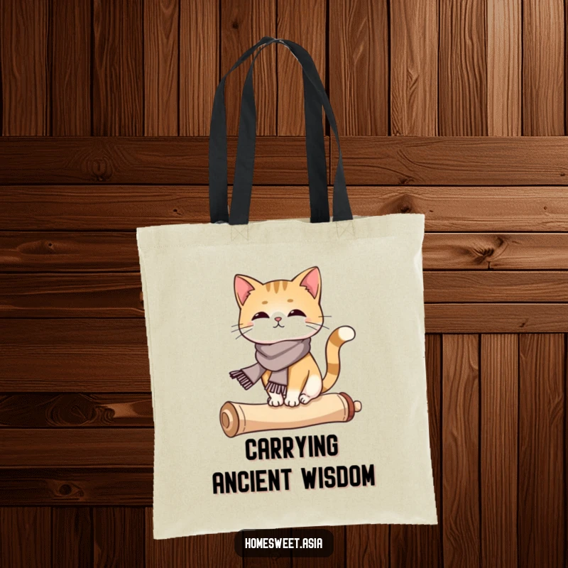 Funny cat wearing a silk scarf, balancing on a curled scroll, durable tote, stylish accessory, artistic, funny gift.