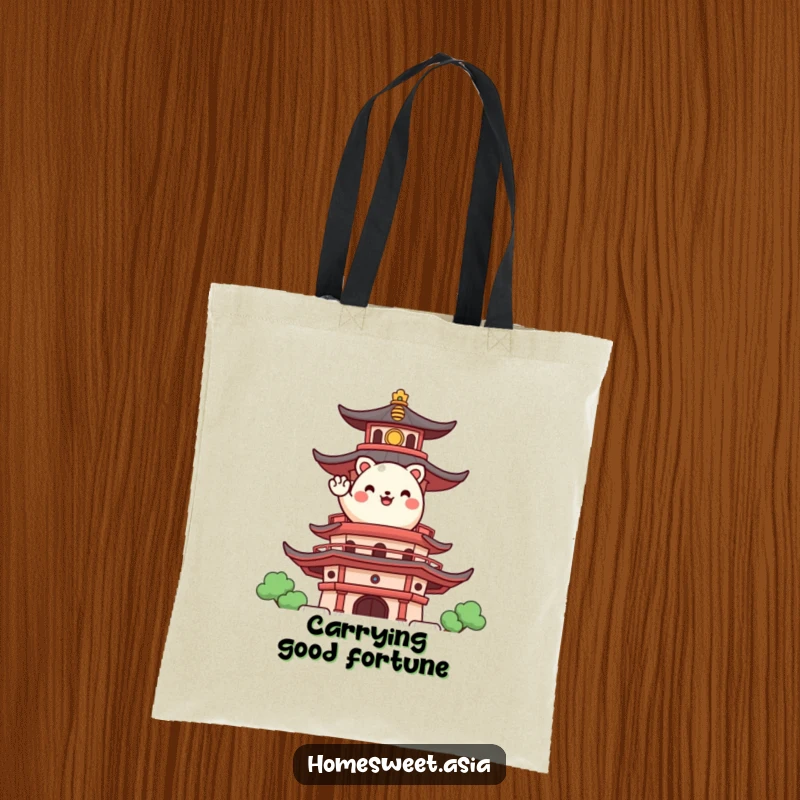 Funny tote bag featuring a happy, round animal character waving from a stylized pagoda, perfect for carrying essentials with joy.