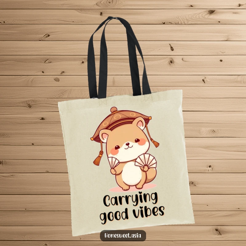 Funny tote bag featuring a cute animal illustration in a traditional Asian hat, gracefully waving a fan, ideal for shopping with flair.