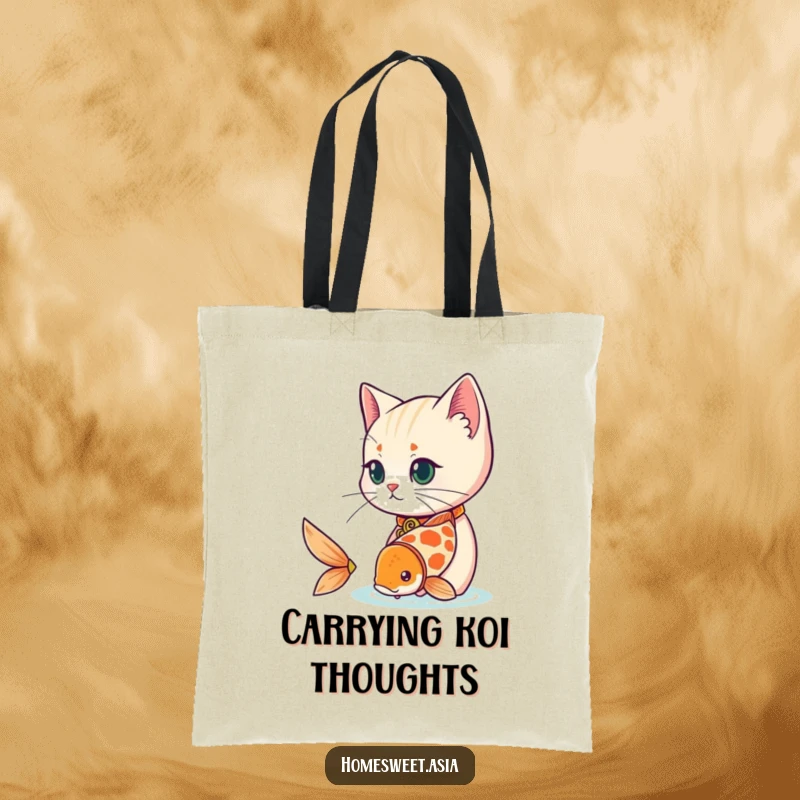 Funny cat wearing a decorative collar, observing a playful koi fish, durable tote, stylish accessory, elegant, funny gift.