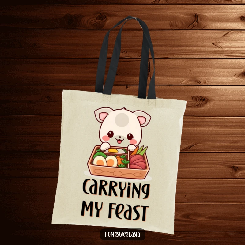 Funny tote bag featuring a happy animal character about to feast on a delightful bento box, ideal for carrying groceries or lunch.