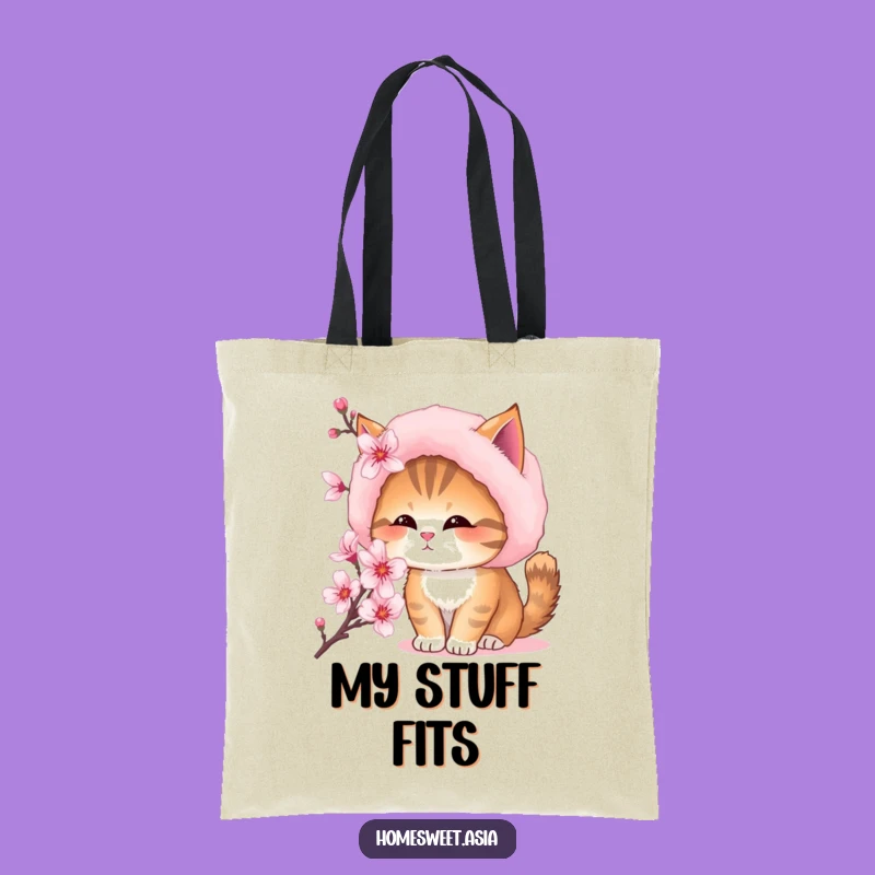 Funny Cat Blossom Sniffing Tote Bag - Fur Hat Kitty Shopping Bag
