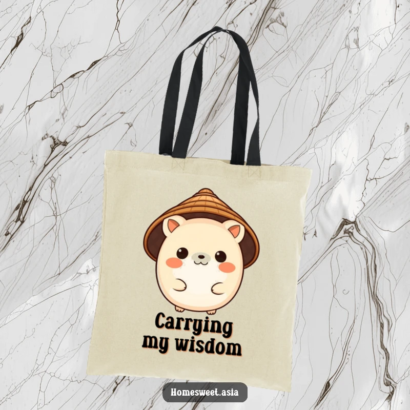 Funny tote bag featuring a charming, round animal character wearing a traditional conical hat, perfect for carrying essentials with style.