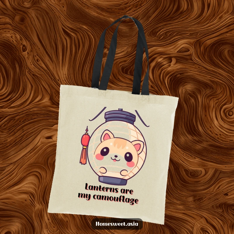 Funny round animal character peeking from behind a colorful paper lantern, on a durable tote bag. Ideal for errands and a good laugh.