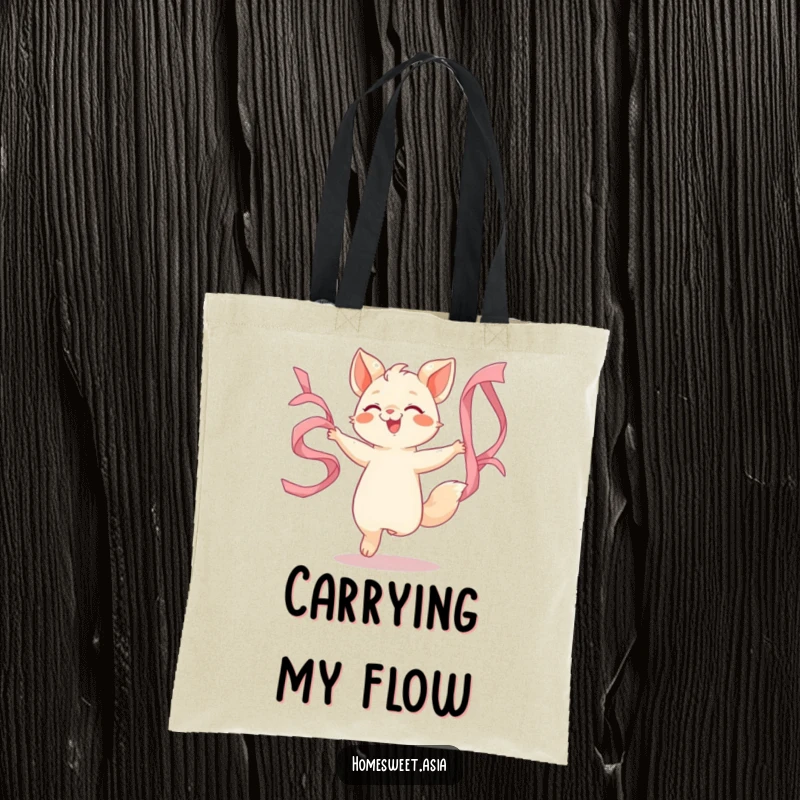 Funny tote bag featuring an animal character dancing with flowing silk ribbons, ideal for carrying items with artistic and joyful flair.