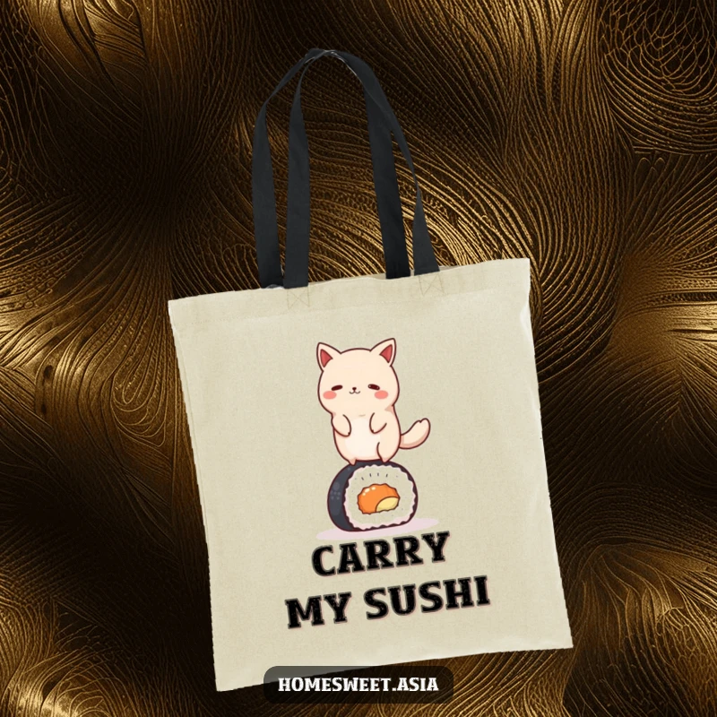 Funny round animal character gracefully balancing on a sushi roll, on a durable tote bag. Ideal for market trips and everyday use.
