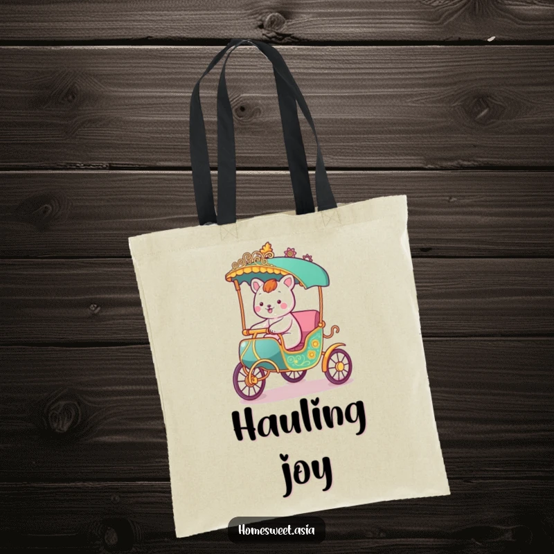 Funny tote bag featuring a happy animal character riding in a stylized rickshaw, ideal for carrying essentials with a sense of adventure.
