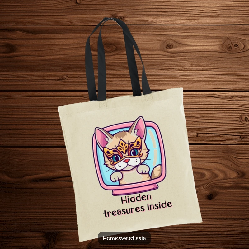 Funny cat wearing an ornate mask, peeking from behind a vibrant screen, durable tote, stylish, accessory, funny gift.